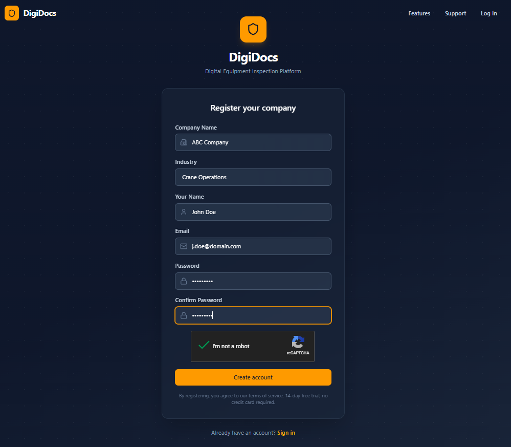 Registration page with company name, industry selector, and user details