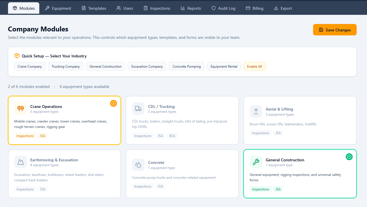 Modules page showing toggleable industry cards
