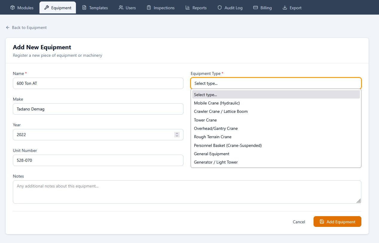 Add Equipment form with name, type dropdown, make, model, and optional Branch dropdown