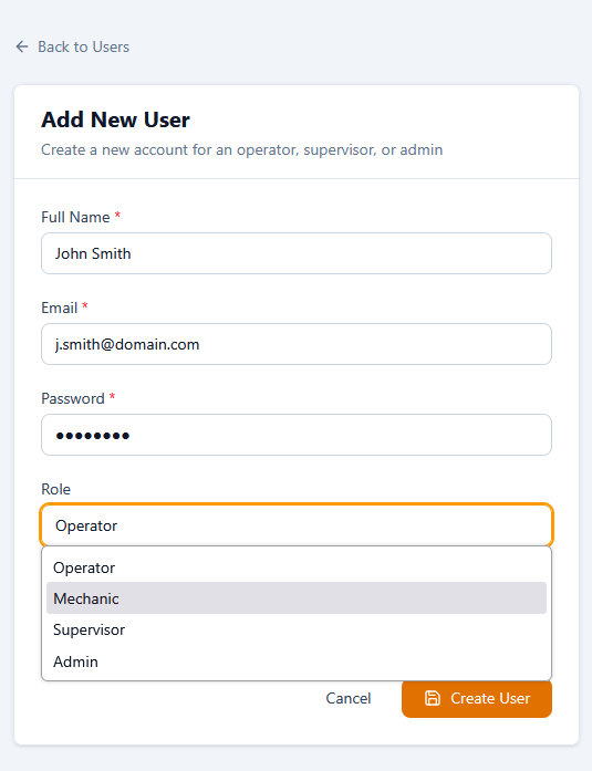 Add User form with email/manual mode, role dropdown, and optional branch assignments