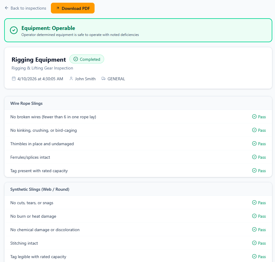 Inspection report header with operability badge and pass/fail results