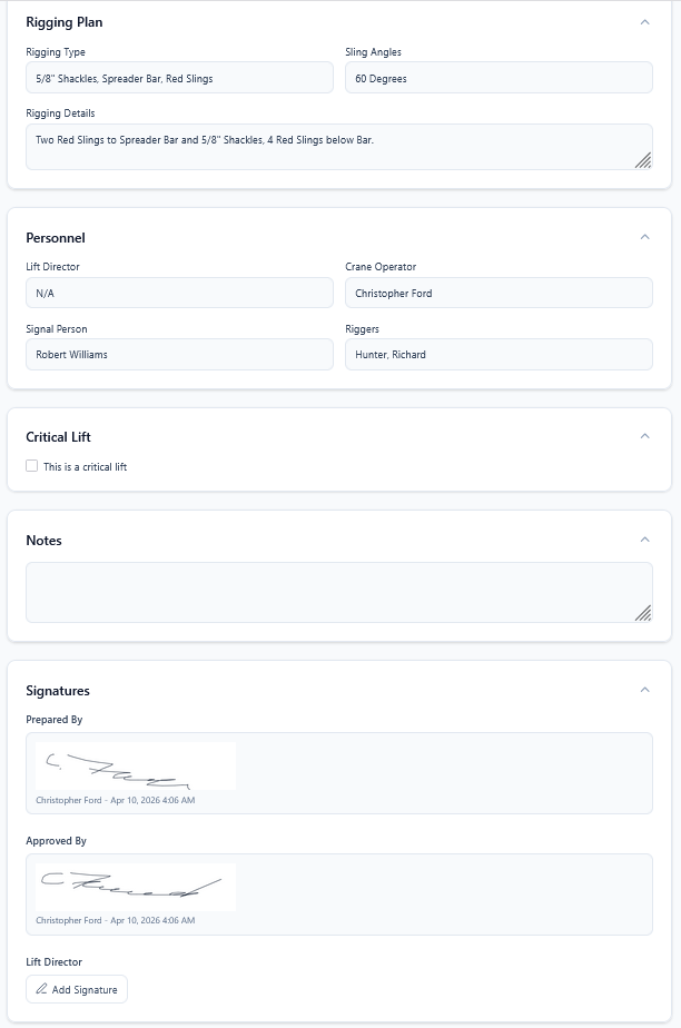 Lift plan hazards, rigging, and signatures