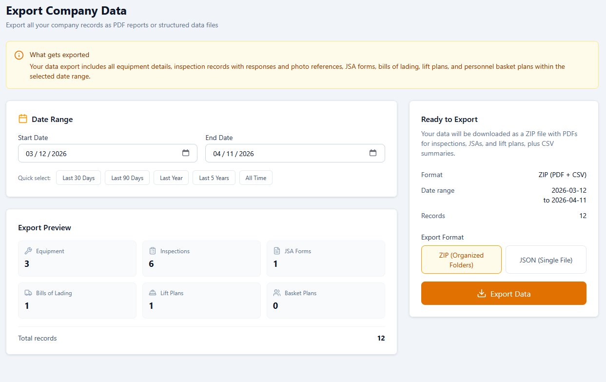 Export page with date range selector and format options