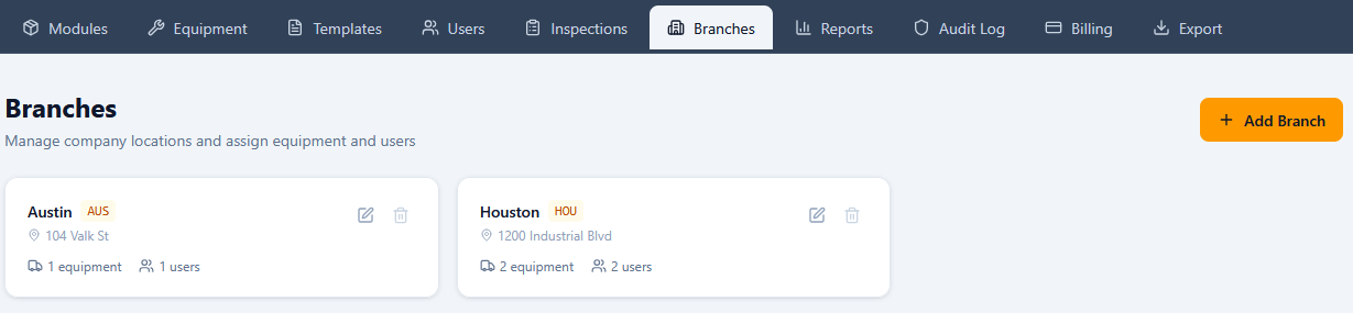 Manage Company → Branches page with location cards showing equipment and user counts