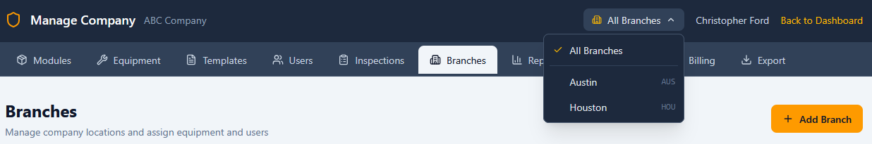 Admin header with branch switcher dropdown showing assigned branches